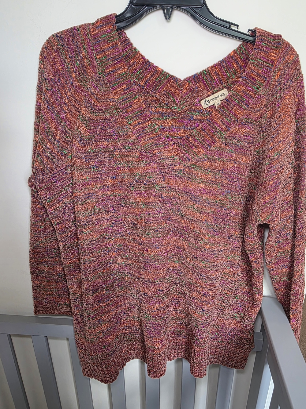 Democracy Women's Multicolor Chenille Knit V-Neck Sweater Fall Colors Size M